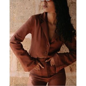 SAVANNAH MORROW 100% Peace Silk Revolve Jada Mahogany Brown Cropped Blazer Small